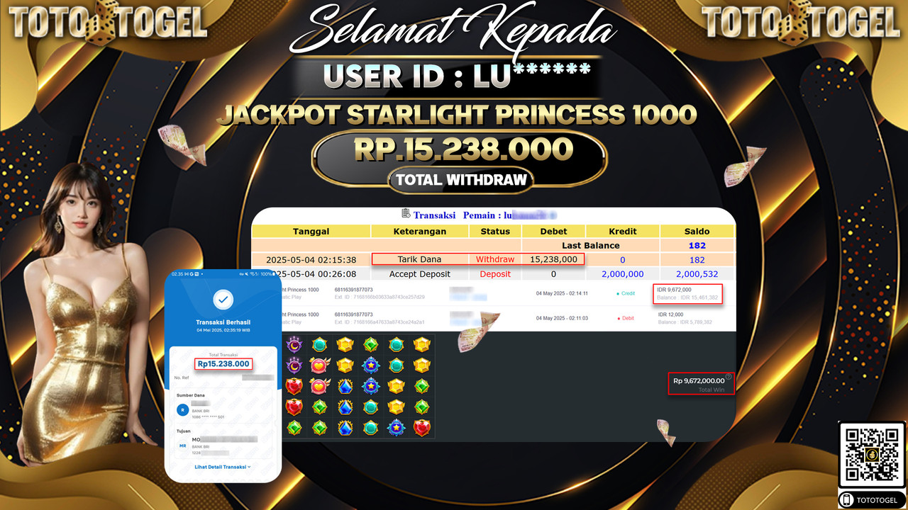 Bukti Pembayaran Jackpot  Permainan Slot Starlight Princess 1000 ID:LU***** LUNAS