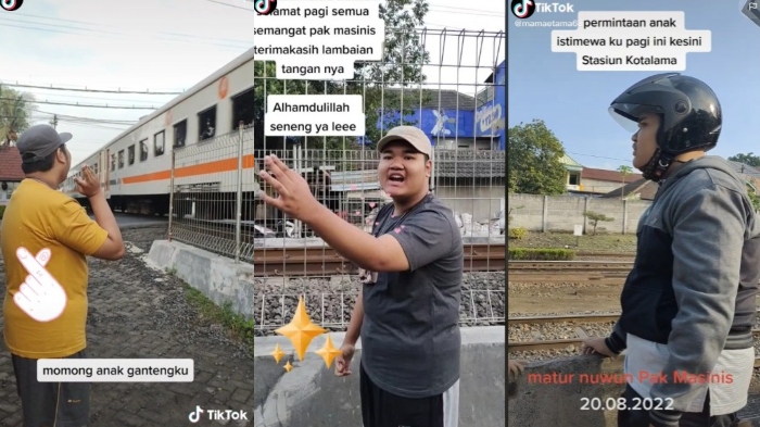 Kolase momen anak istimewa asal Malang bernama Tama saat menunggu kedatangan kereta api di pinggir jalan.