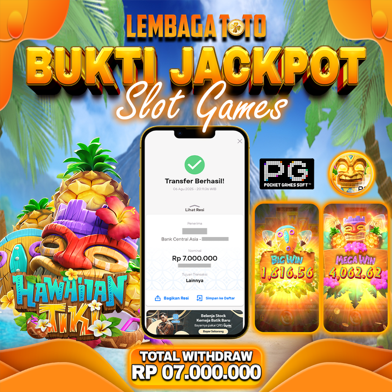 BUKTI JACKPOT 07 AGUSTUS LEMBAGATOTO HAWAITIAN TIKI  Rp.7.000.000,- LUNAS