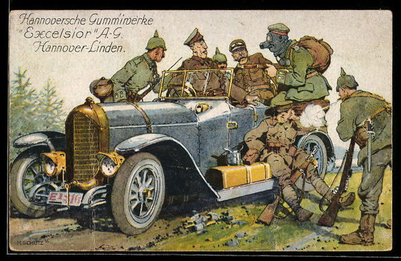 AK Soldaten werden in ihrem Auto bedroht Reklame fuer Hannov Gummiwerke Excelsior AG