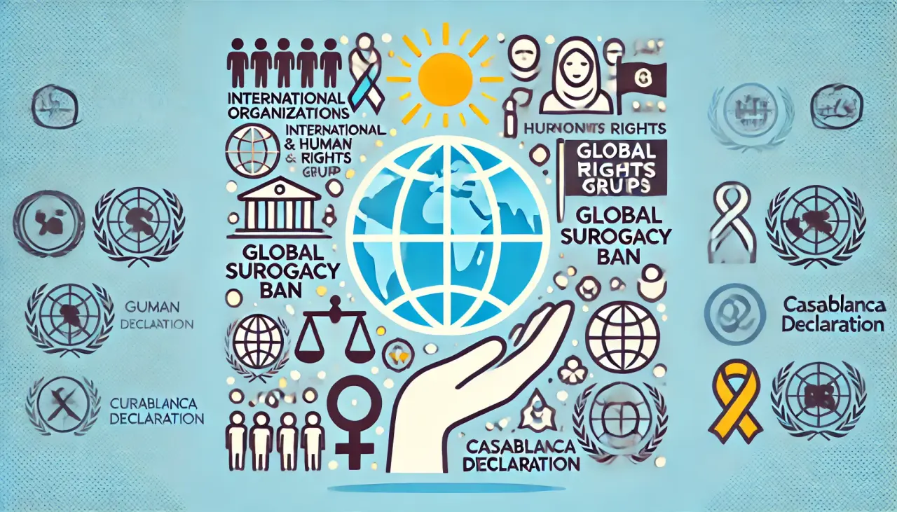 Illustration of international organizations and human rights groups advocating for the abolition of surrogacy.
