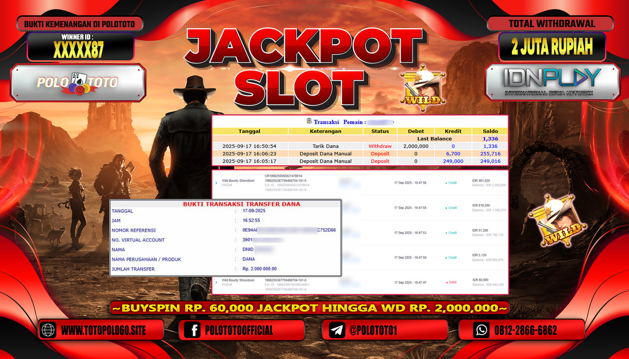 POLOTOTO JACKPOT SLOT WILD BOUNTY SHOWDOWN Rp.2.000.000,- LUNAS