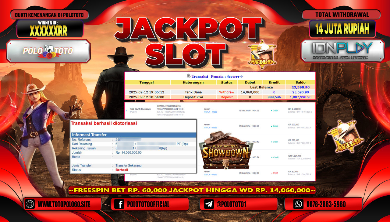POLOTOTO JACKPOT SLOT WILD BOUNTY SHOWDOWN Rp.14.000.000,- LUNAS