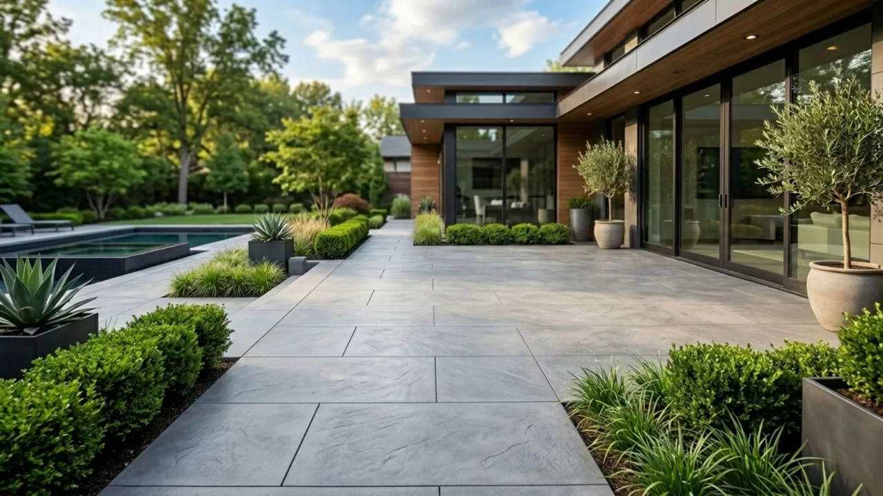 Large format minimal joint stamped concrete patio with clean modern lines