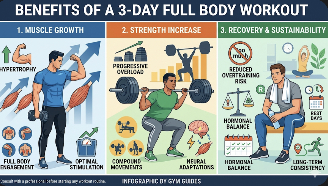 Infographic showing benefits of full body workout 3 days including muscle growth, strength gains, and recovery, explaining 3 day workout plan beginner