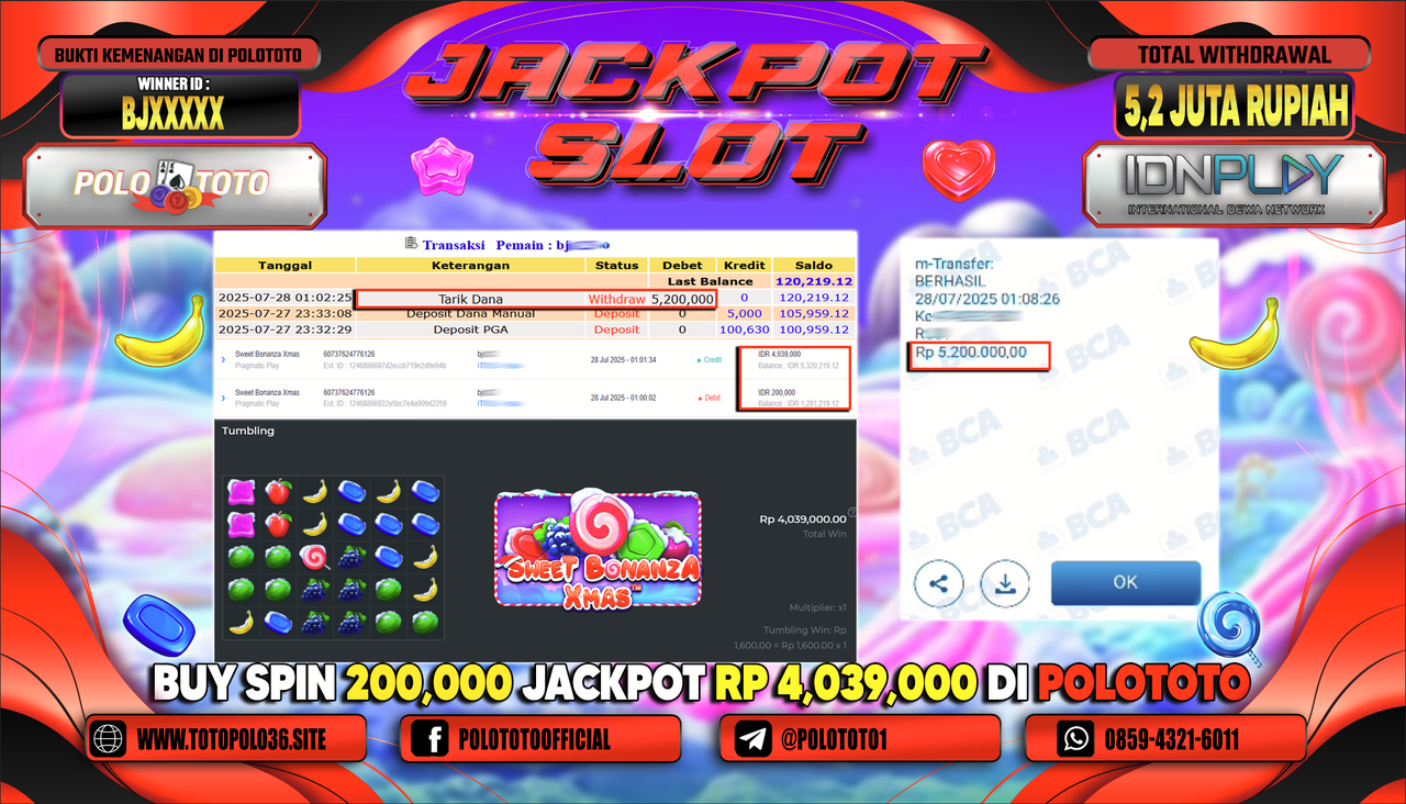 POLOTOTO JACKPOT SLOT SWEET BONANZA XMAS Rp.5.200.000,-LUNAS