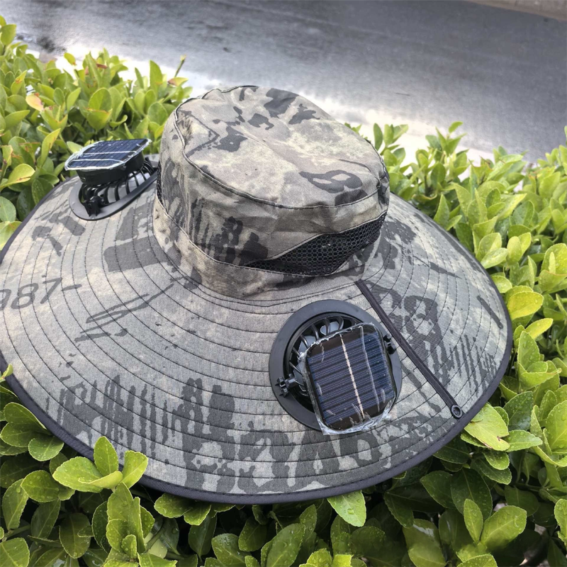 Camouflage Green Dual Turbo Fan Sun Hat with Square Solar Panel & TypeC Interface - Waterproof 14cm Wide-Brim Cooling Hat for Outdoor Fishing Hiking Camping