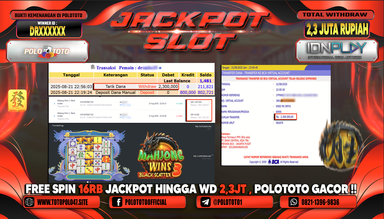 POLOTOTO JACKPOT SLOT MAHJONG WINS 3 - BLACK SCATTER Rp.2.300.000,-