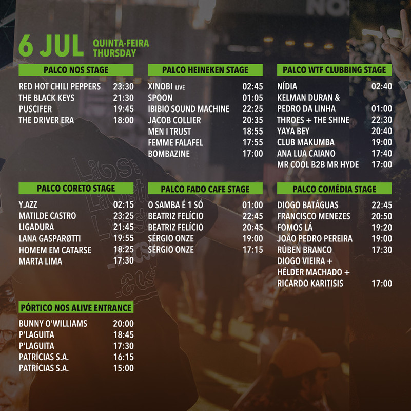 Toupeiras - Horários do Festival Nos Alive 6 Julho
