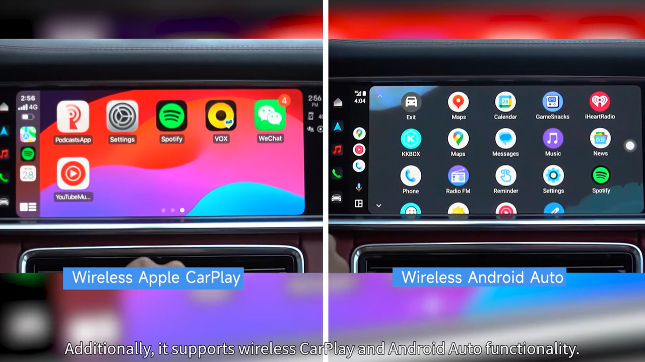 Kabelloses Apple CarPlay und Android Auto auf einer Head-Unit im Auto