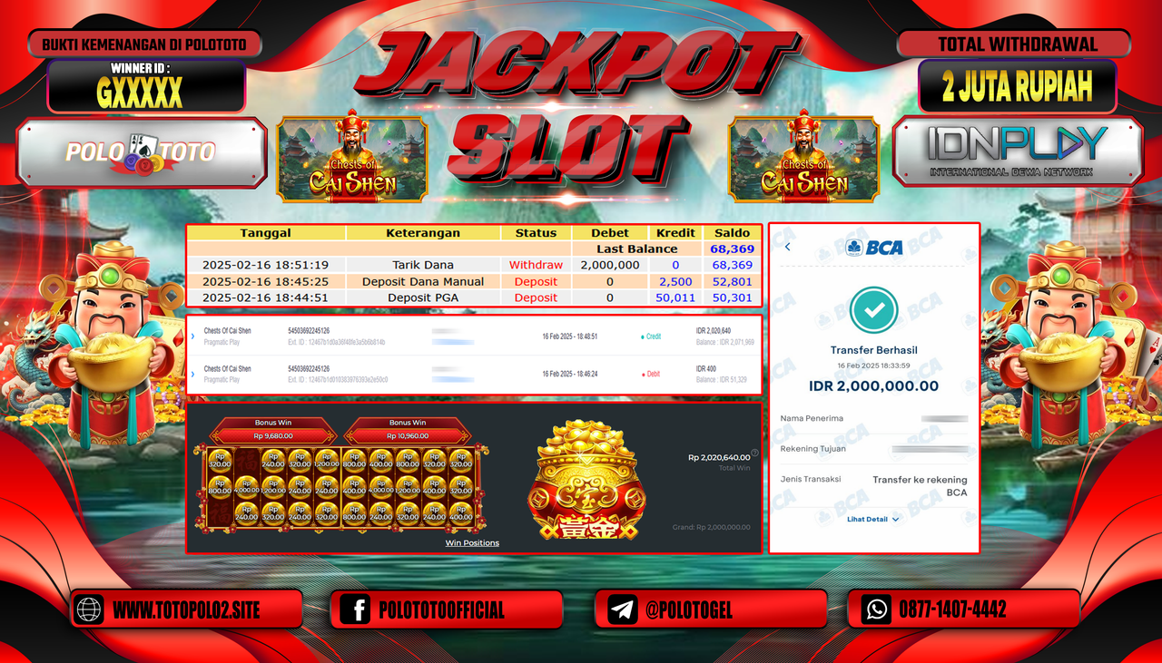POLOTOTO JACKPOT SLOT CHESTS OF CAI SHEN Rp.2.000.000,-