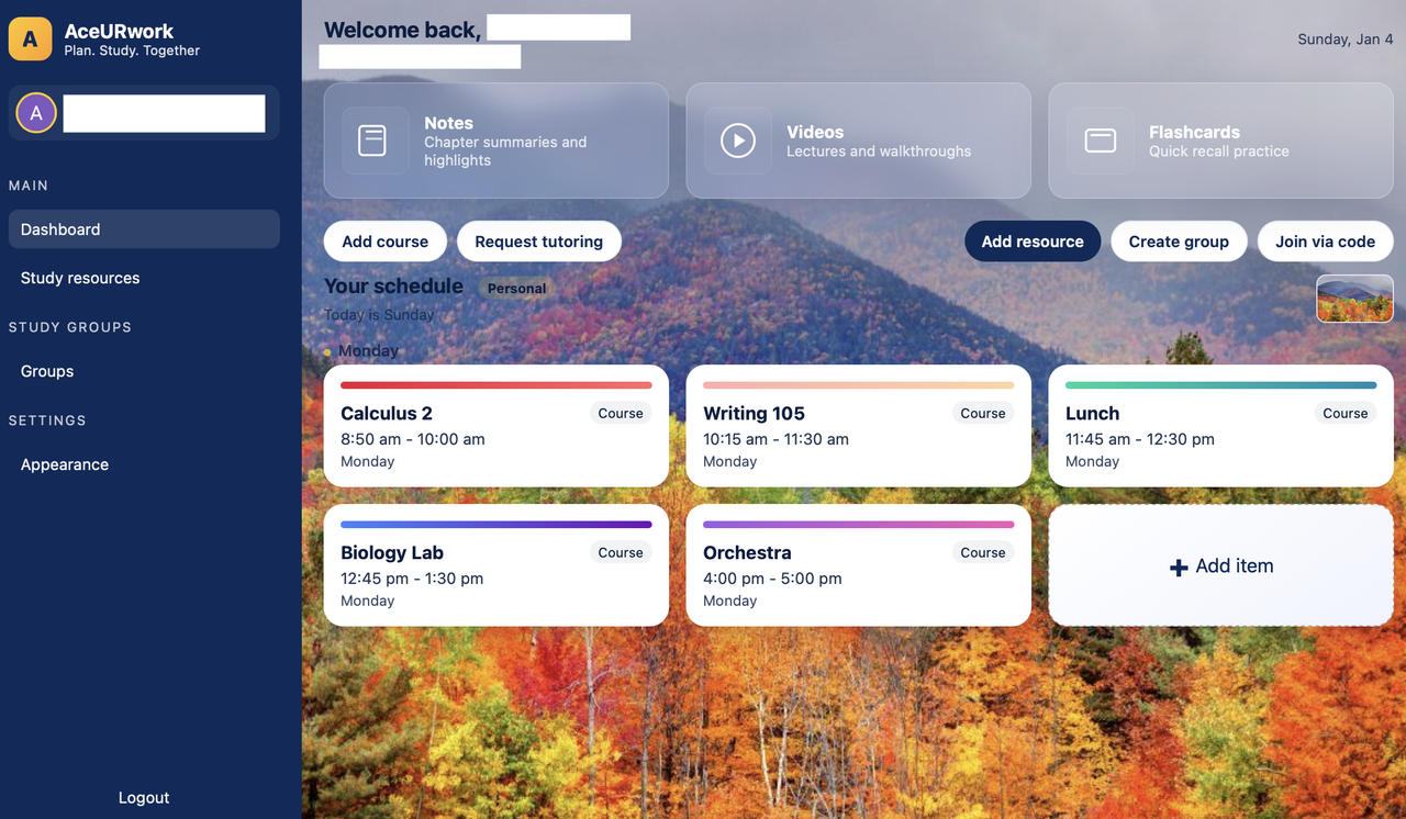 AceURacademics dashboard view