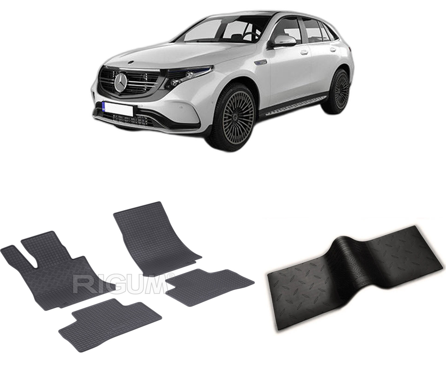 Set covorase auto MERCEDES EQC din 05.2019-PREZENT, cu covoras tunel median, CAROSERIE SUV, Presuri cauciuc 100%, compatibil cu autoturismul MERCEDES EQC, Rigum