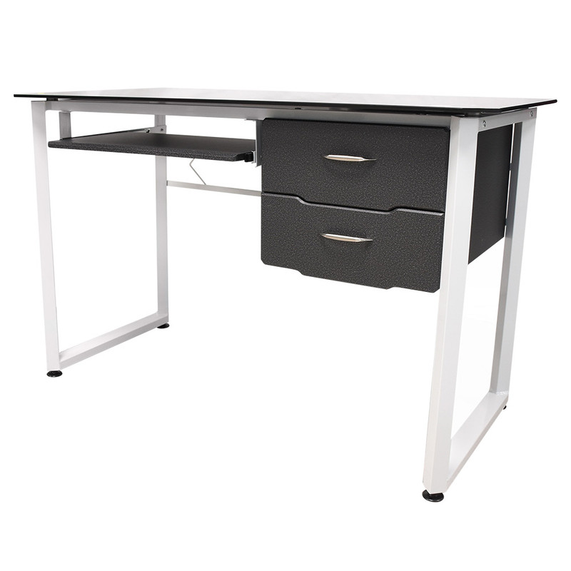 Escritorio de computadora en forma de L con tope de cristal negro y estructura de metal.