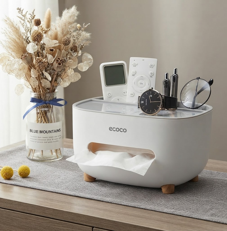 Ecoco Multifunctional Tissue Box Organizer – Modern Desktop Storage Holder with Tissue Dispenser
