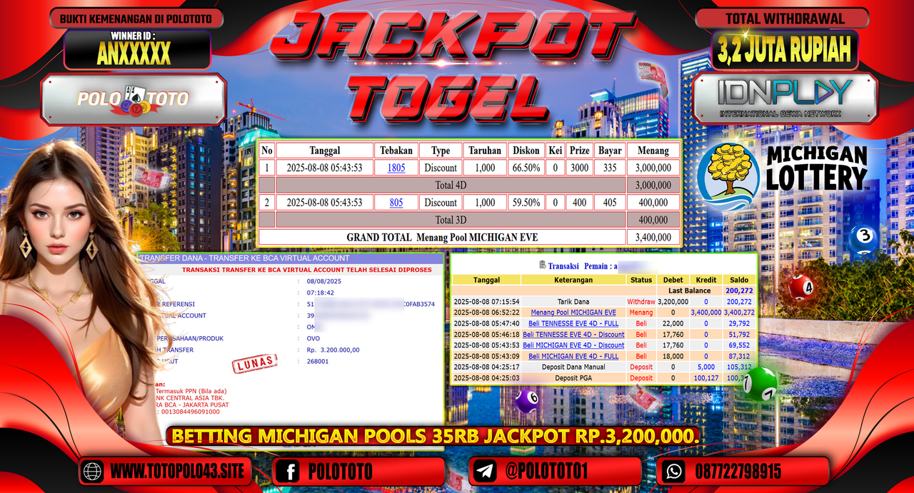POLOTOTO JACKPOT TOGEL MICHIGAN EVENING Rp.3.400.000,-LUNAS