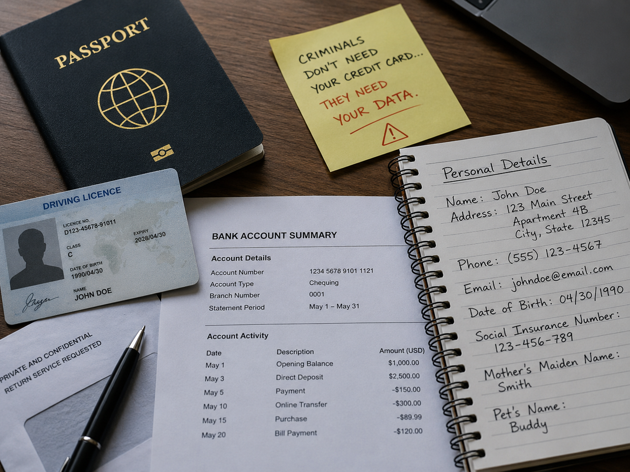 Personal documents and data exposed on a desk with warning signs for identity theft
