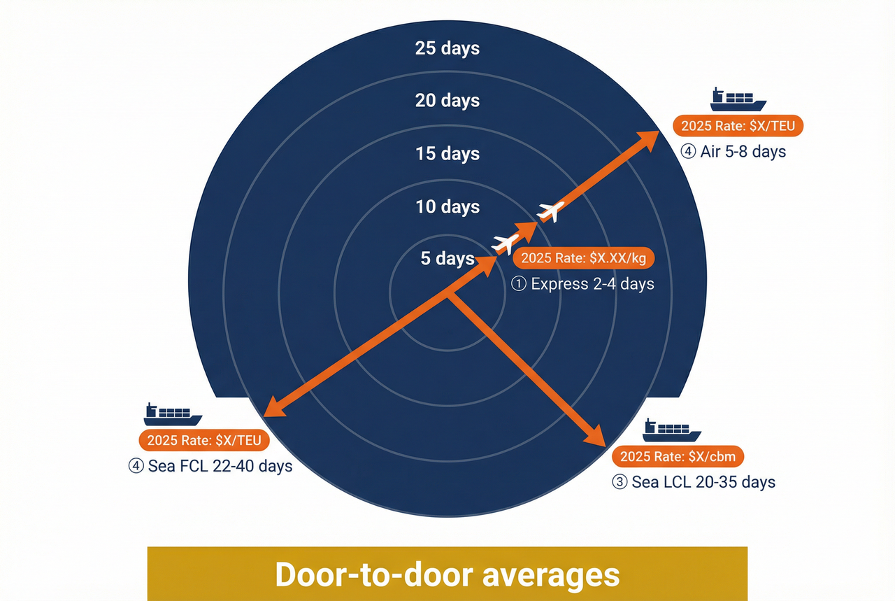 Door-to-door average delivery time comparison chart for China shipping methods - Express, Air Freight, Sea Freight, and Postal services