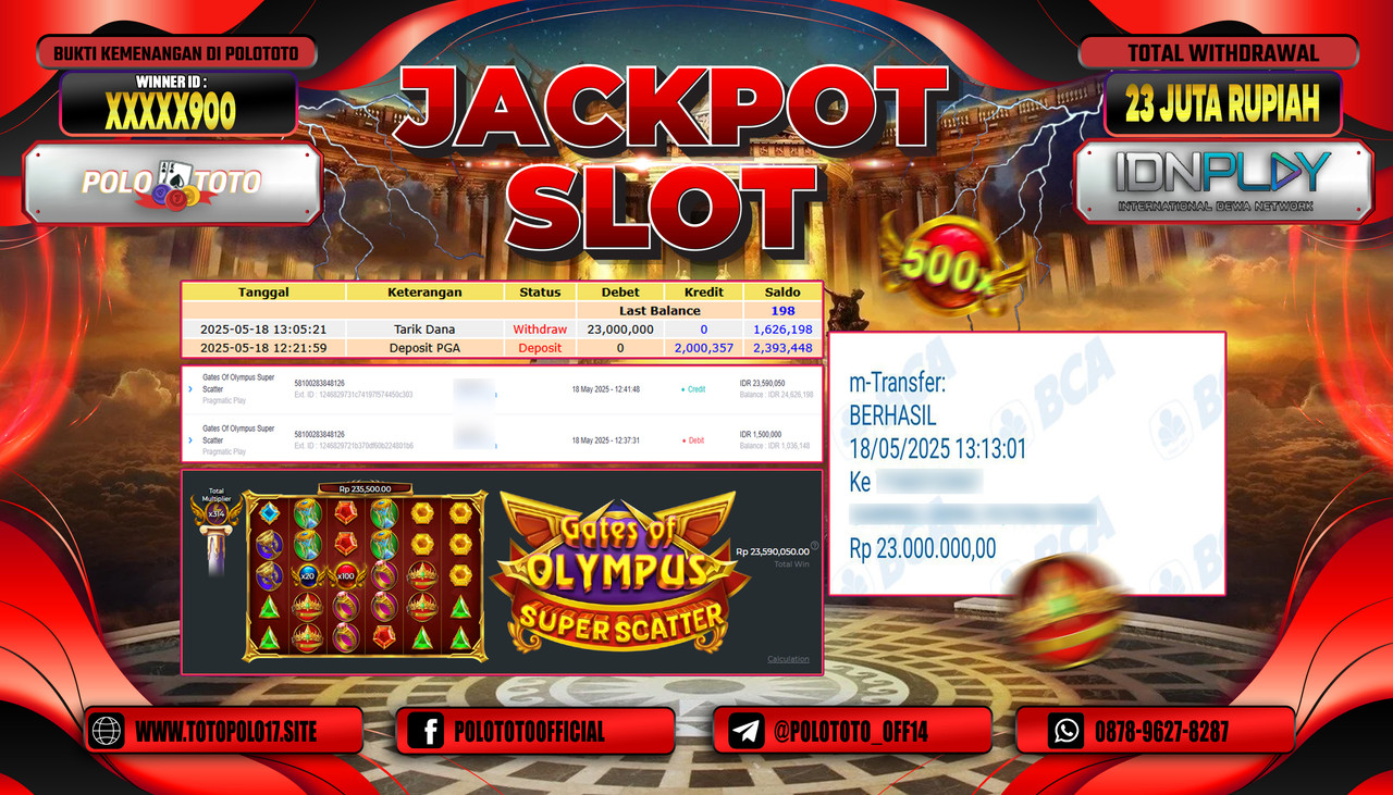 POLOTOTO JACKPOT SLOT GATES OF OLYMPUS SUPER SCATTER Rp.23.000.000,-