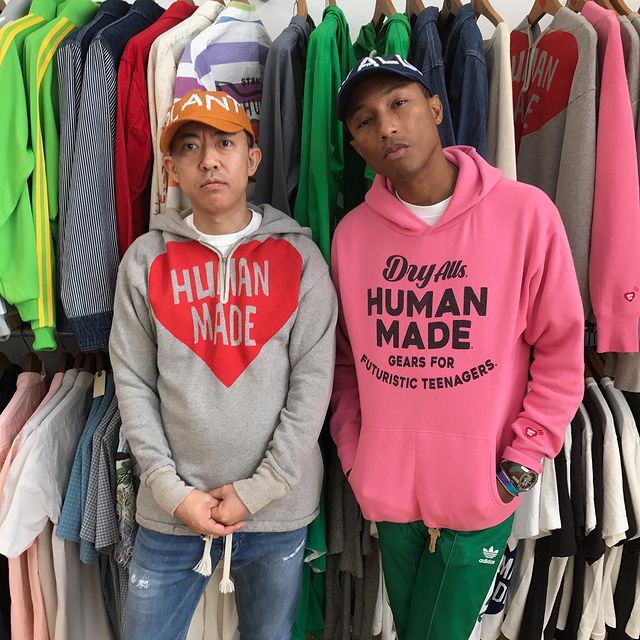 Pharrell Williams and designer Nigo at the launch of Pharrrell's new  footwear and apparel range at the Sanderson Hotel in London's West End. The  producer / artist of Neptunes and N.E.R.D, has