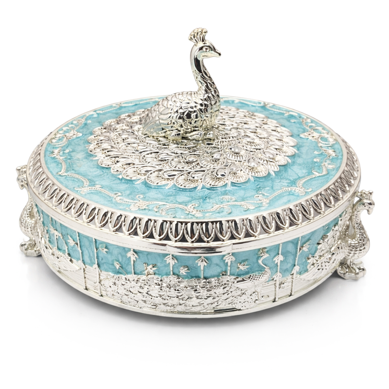 2 Compartment Round Peacock Dry Fruit Box Blue