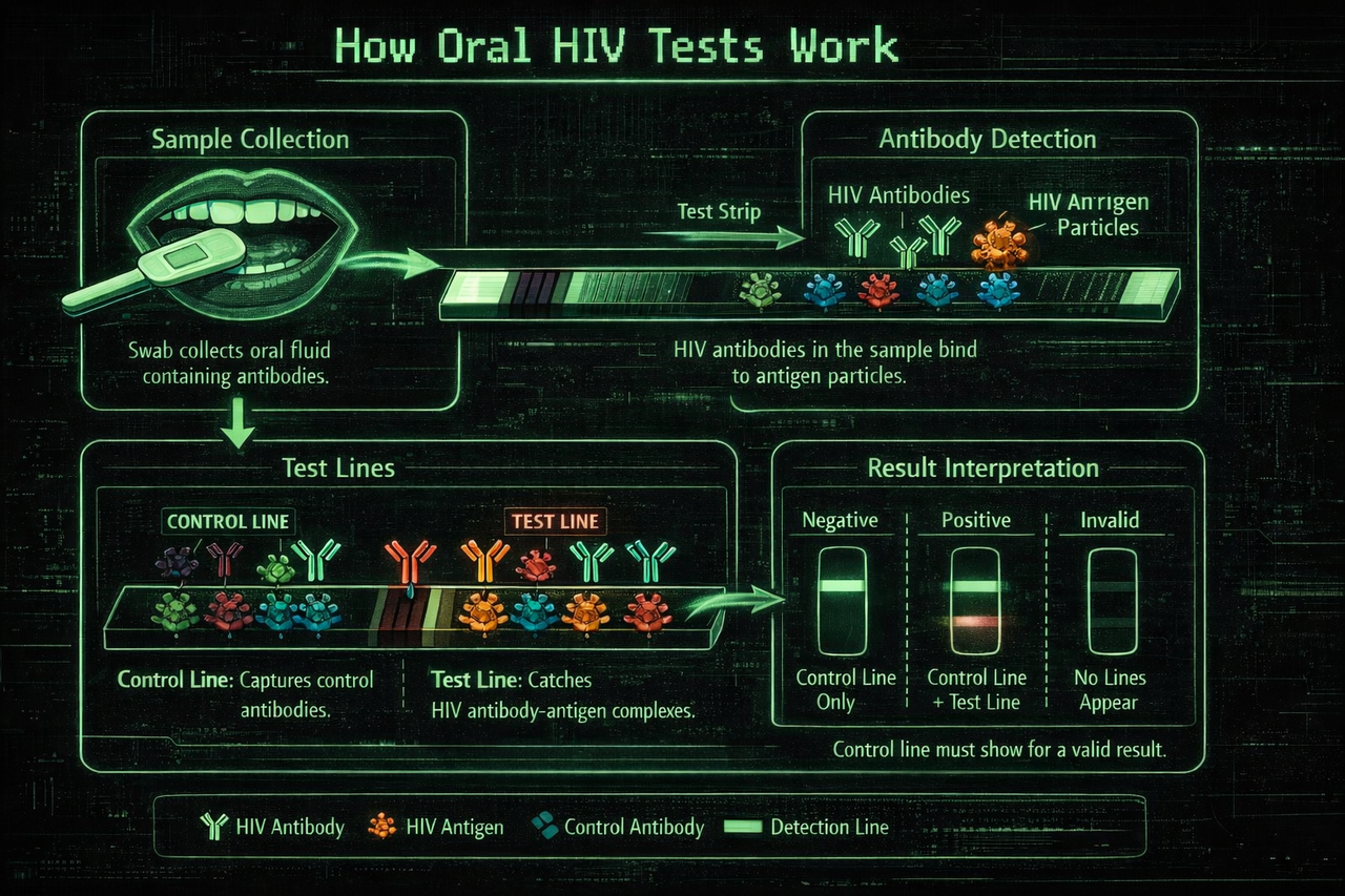 Diagram showing how an oral HIV test works, from gum swab collection to antibody binding, control line formation, test line formation, and final result interpretation.
