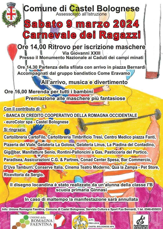 Sabato 9 marzo a Castel Bolognese il Carnevale dei ragazzi 2024
