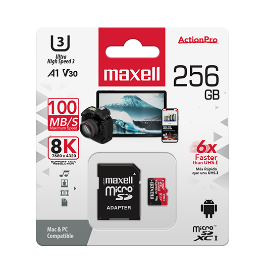 Tarjeta de memoria microSD Maxell de 256GB con especificación de alta velocidad U3.