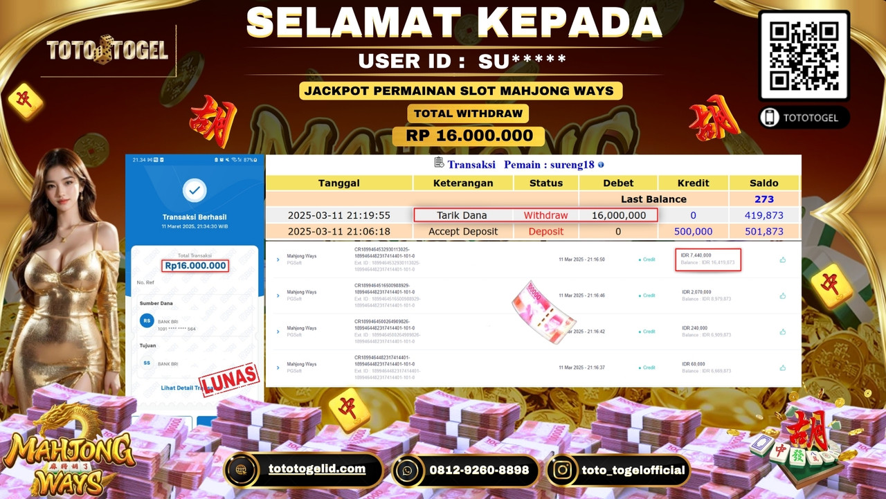 Bukti Pembayaran Jackpot  Permainan Slot Mahjong Ways ID:SU***** LUNAS