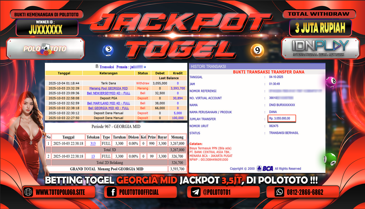 POLOTOTO JACKPOT TOGEL MENANG POOL GEORGIA MIDDAY Rp.3.000.000,- LUNAS