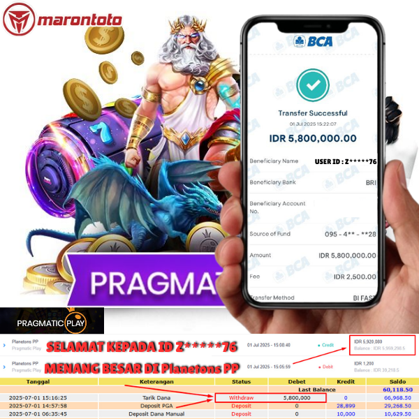 Bukti Kemenangan Member Marontoto Sebesar 5,800,000 JuTa