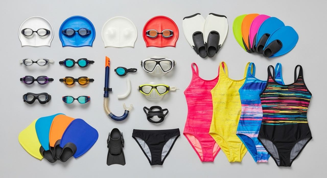 Ассортимент товаров для плавания очки лопатки ласты и купальники