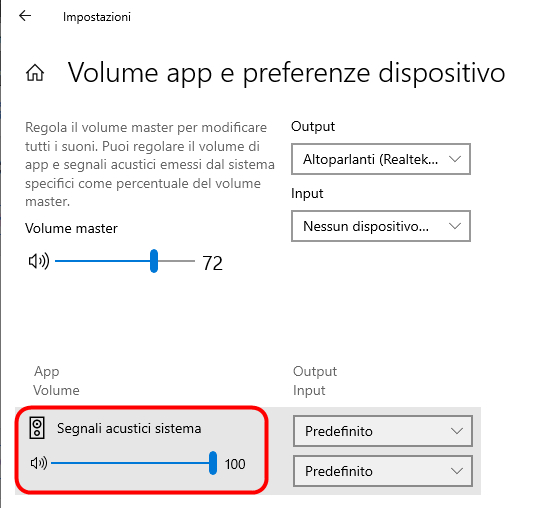 volume audio opzioni
