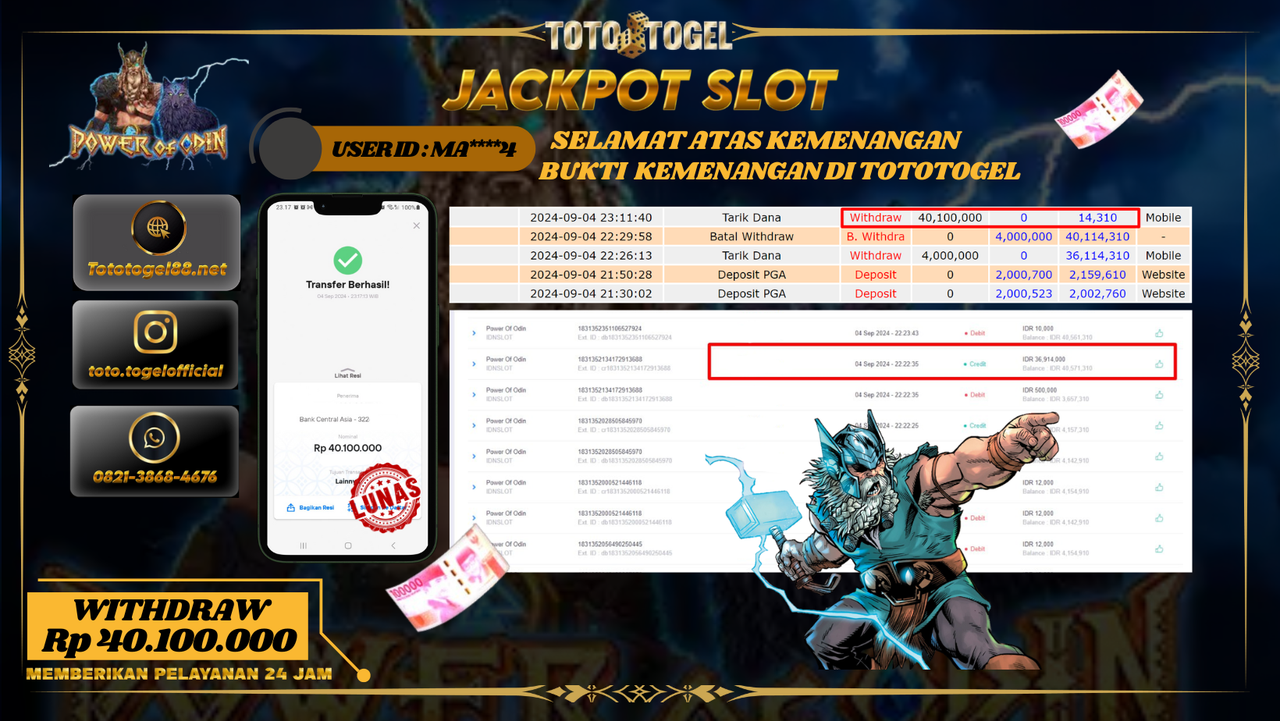 Bukti Kemenangan Permainan Slot power Of Odin Dengan ID : MA***4 Terbayar Lunas!!