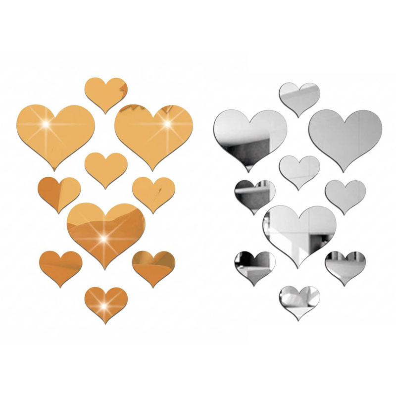 2-Pack Heart-Shaped Acrylic Mirror Wall Decals – Multi-Size Set (Max ~10.5cm), Silver & Gold Finish, Removable Decorative Stickers