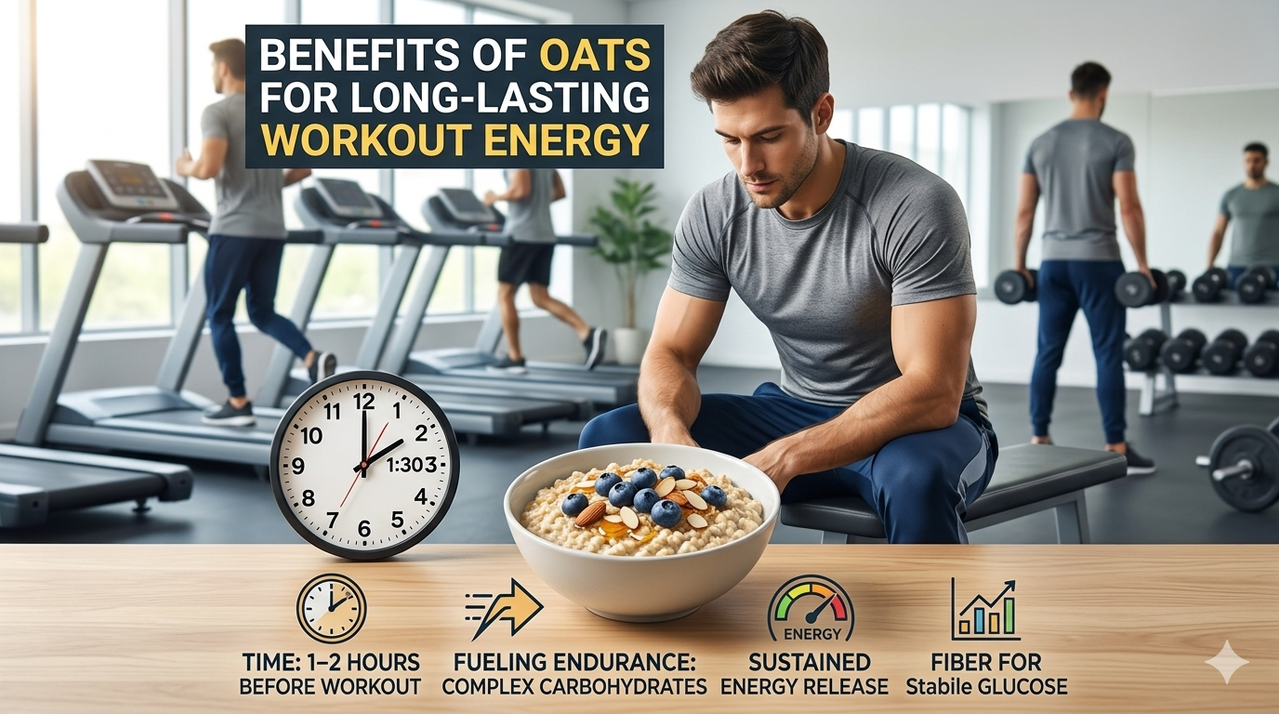 Clock showing 1-2 hours before workout with bowl of oats for the benefits of oats for long-lasting workout energy