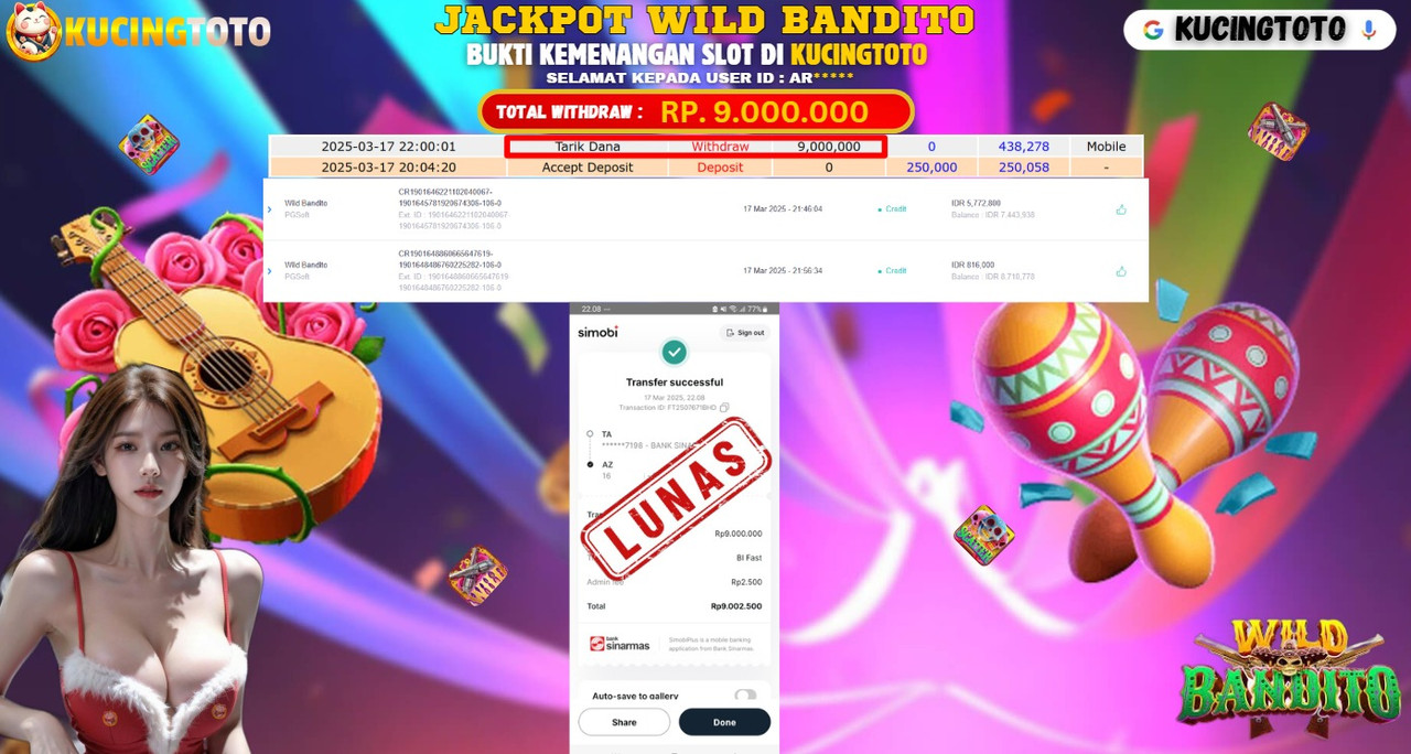 KUCINGTOTO JACKPOT SLOT WILD BANDITO RP.9.000.000.,- LUNAS
