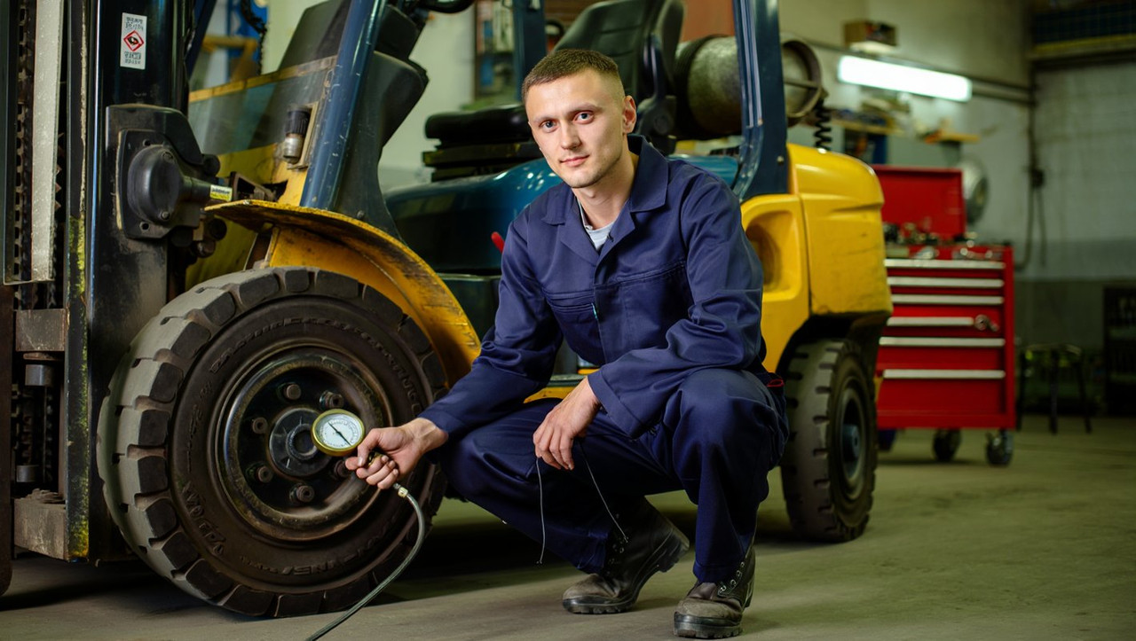 Обслуживание и контроль давления пневматических шин вилочного погрузчика
