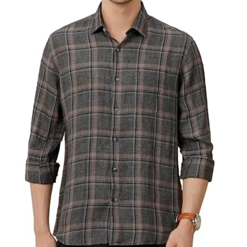 Linen Club Men’s Pure Linen Grey Checked Full Sleeve Casual Shirt