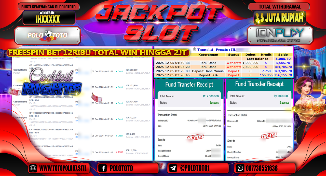 POLOTOTO JACKPOT SLOT COCKTAIL NIGHTS Rp.3.500.000,- LUNAS