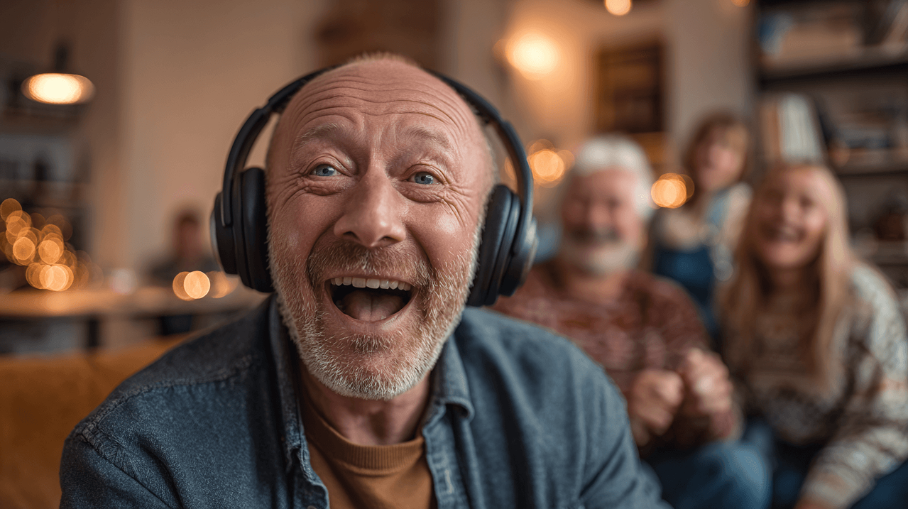 Мужчина радостно слушает персональную песню в подарок в наушниках. Идеи необычных подарков.