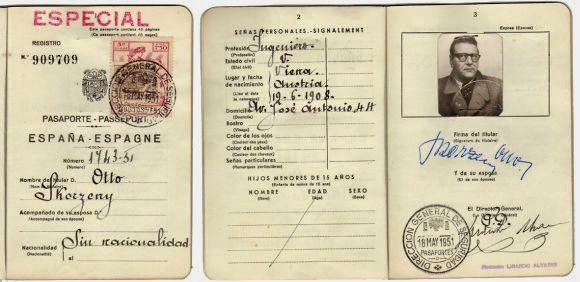 Pasaporte de Otto Skorzeny emitido en Madrid en el que figura su domicilio en la Avenida de José Antonio, 4, actual Gran Vía