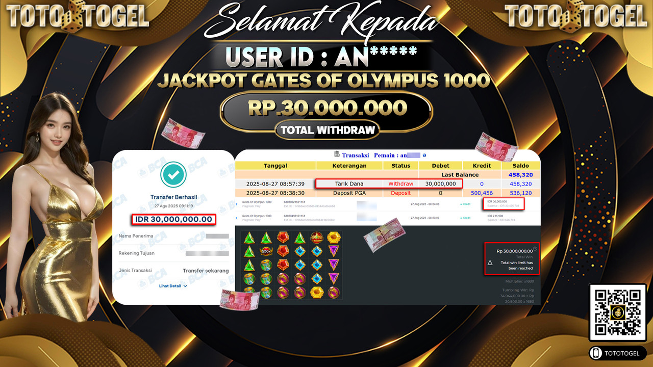 Bukti Pembayaran Jackpot Permainan Slot Gates Of Olympus 1000 ID:AN***** LUNAS