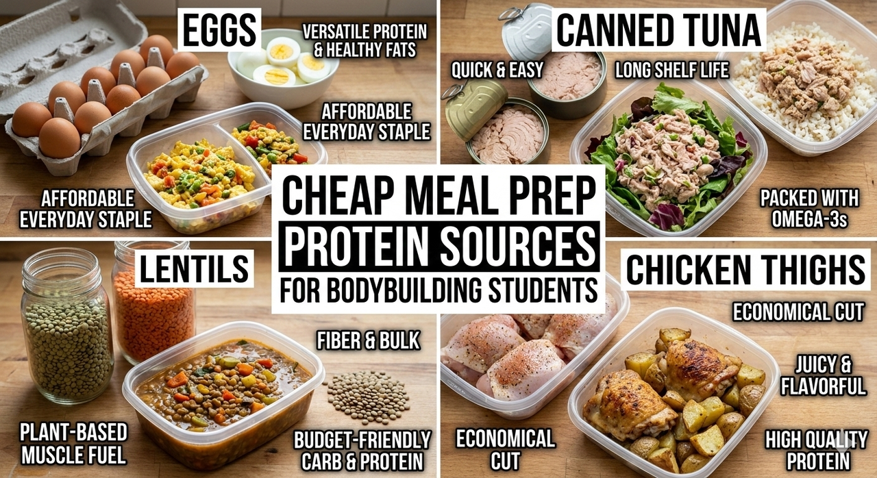 Collage of budget-friendly protein sources including eggs, canned tuna, lentils, and chicken thighs for cheap meal prep ideas for bodybuilding students
