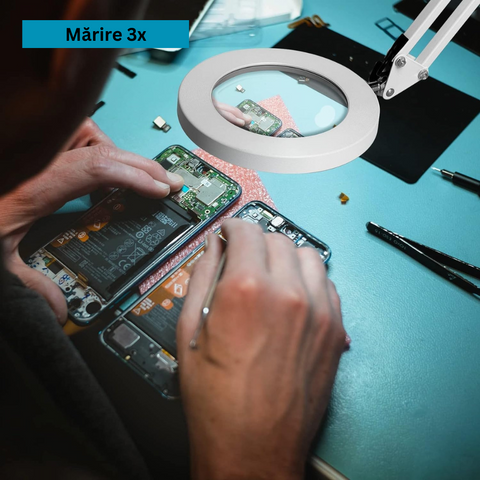 Lupa de Masa LED, Marire 3x, 10 Niveluri de Intensitate, 3 Moduri de Iluminare, Brat Ajustabil, pentru Reparatii Electronice, Manichiura, Tatuaje, Mestesuguri si Lucrari Apropiate, Alimentare USB, Alb