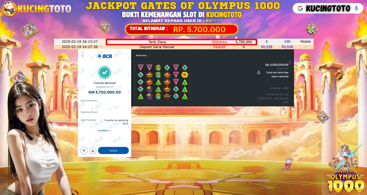 KUCINGTOTO JACKPOT SLOT GATES OF OLYMPUS 1000 RP.5.700.000.,- LUNAS