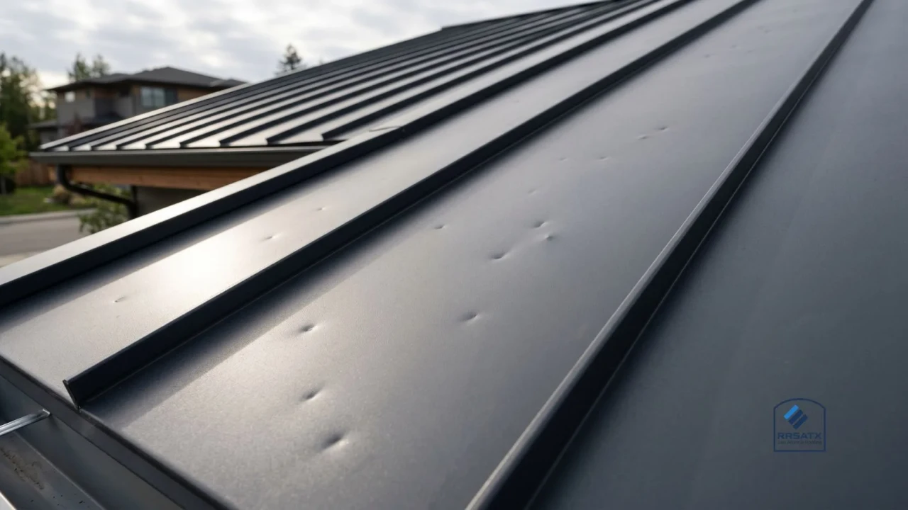 Hail dents on a metal roof panel that may be classified as cosmetic damage