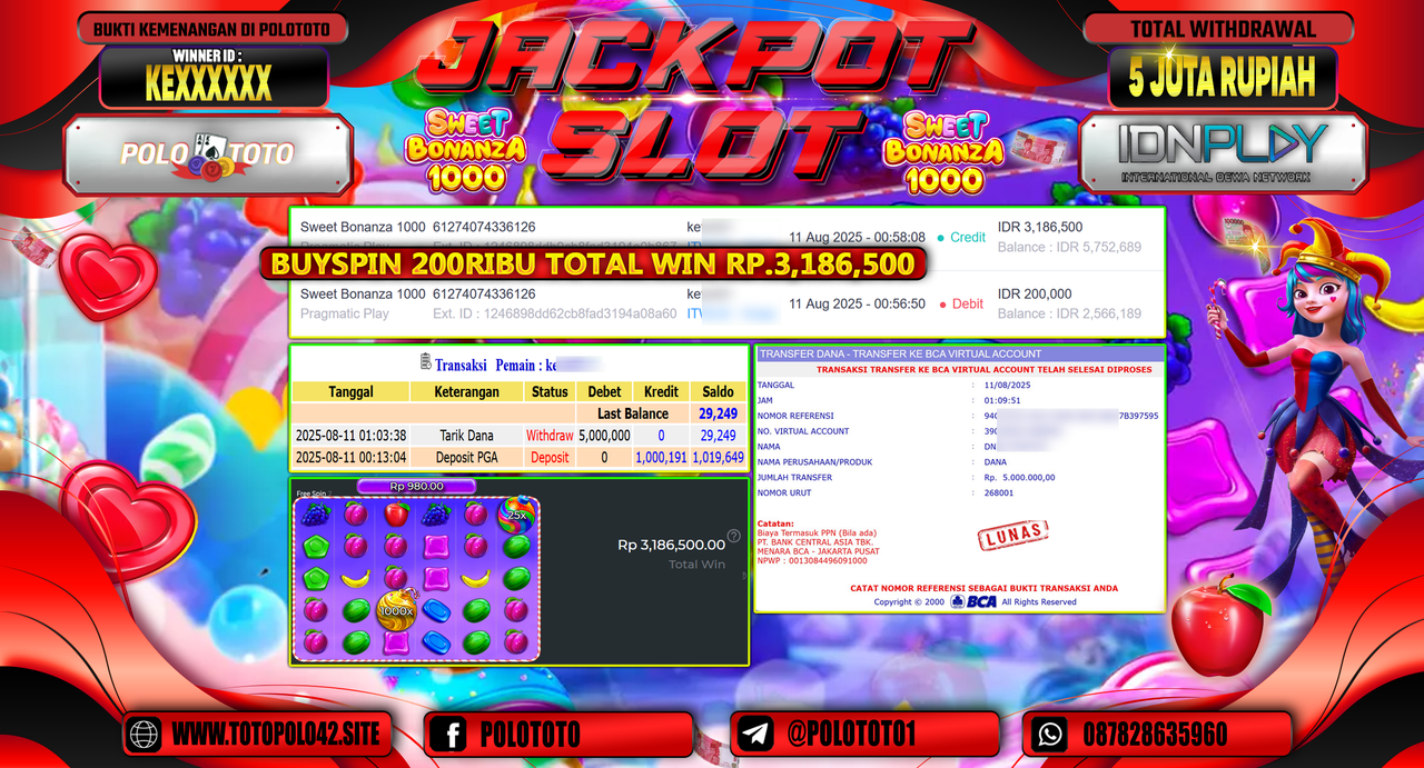 POLOTOTO JACKPOT SLOT SWEET BONANZA 1000 Rp.5.000.000,-LUNAS