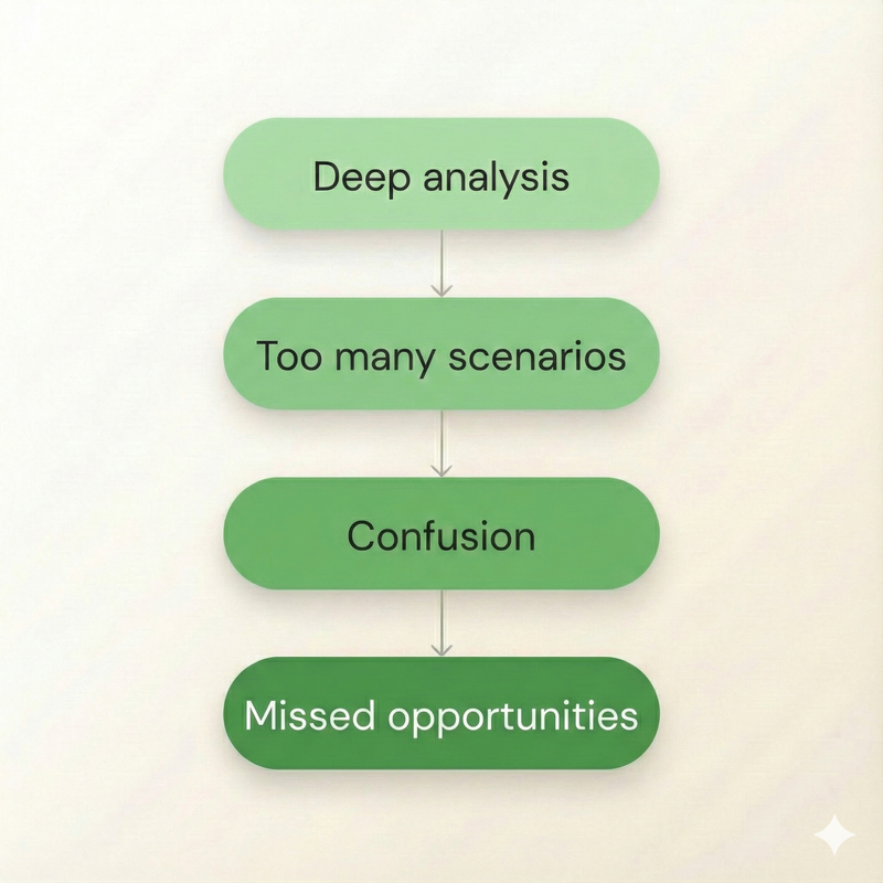 Deep analysis leads to Too many scenarios leads to Confusion leads to Missed opportunities