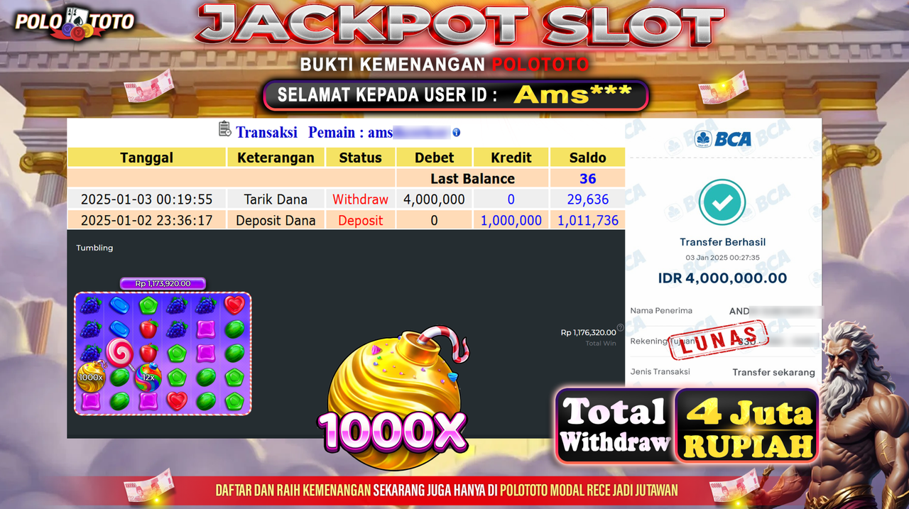 POLOTOTO JACKPOT SLOT SWEET BONANZA 1000 Rp.4,000.000,-